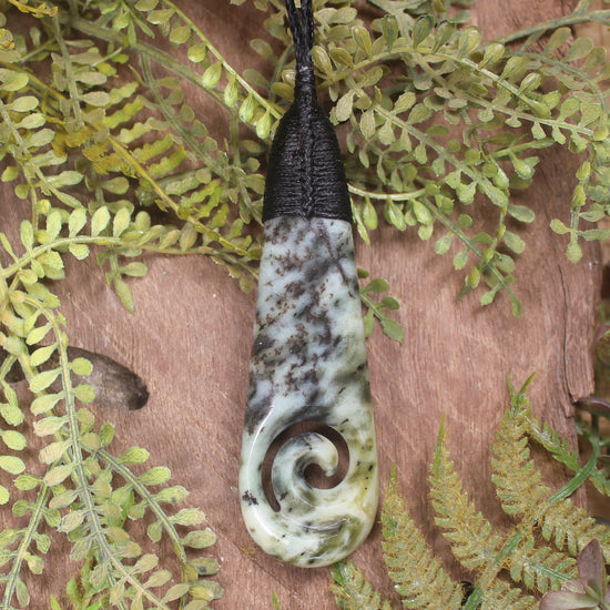 Roimata or Teardrop with Koru carved from Rimu Pounamu - NZ Greenstone