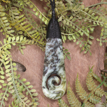 Roimata or Teardrop with Koru carved from Rimu Pounamu - NZ Greenstone