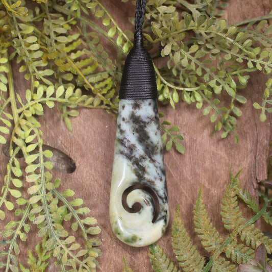 Roimata or Teardrop with Koru carved from Rimu Pounamu - NZ Greenstone