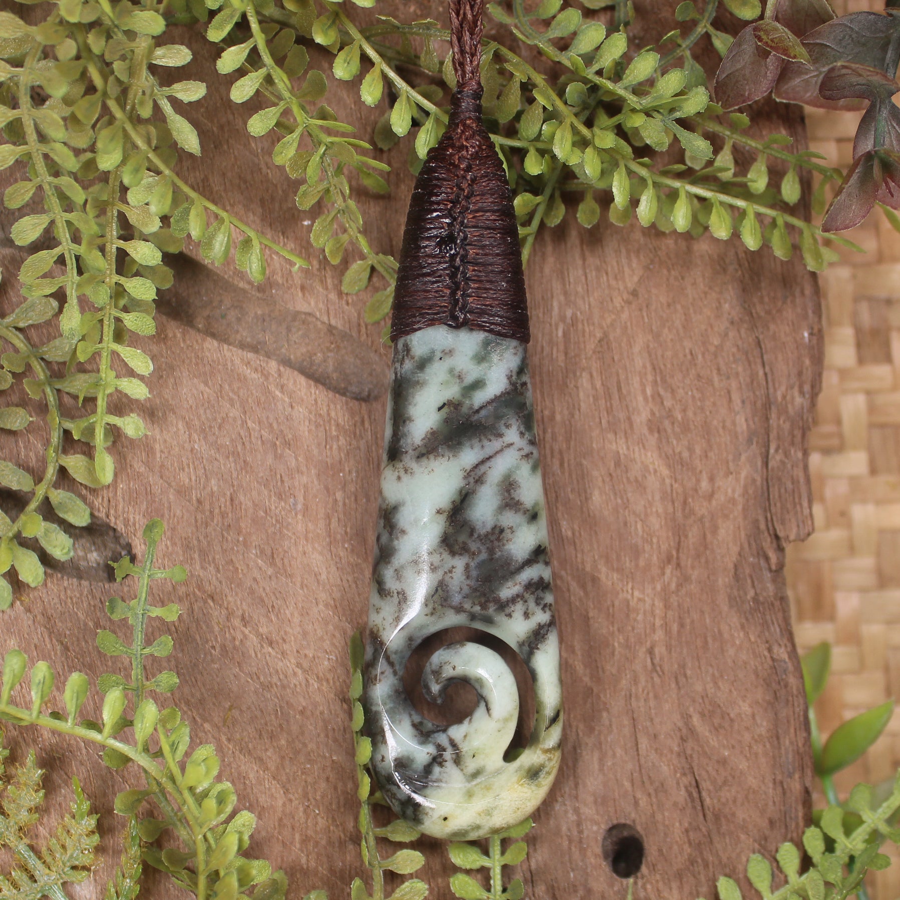Roimata or Teardop with Koru carved from Rimu Pounamu - NZ Greenstone