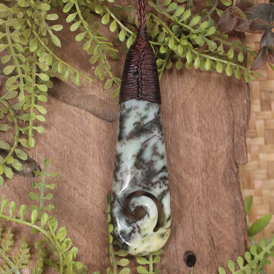 Roimata or Teardop with Koru carved from Rimu Pounamu - NZ Greenstone