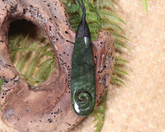 Roimata or Teardrop with Koru carved from Kawakawa Pounamu - NZ Greenstone