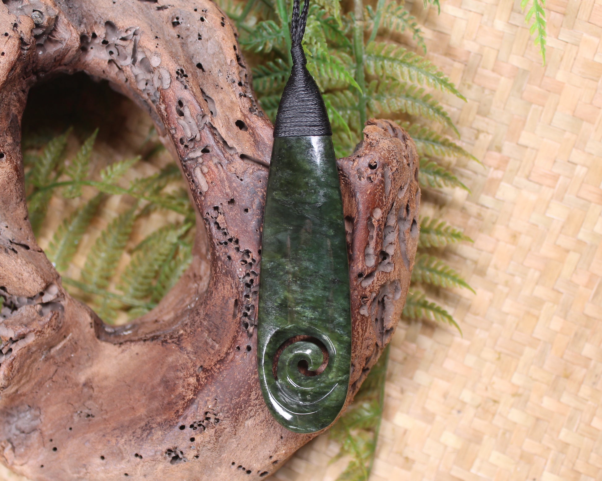 Roimata or Teardrop with Koru carved from Kawakawa Pounamu - NZ Greenstone