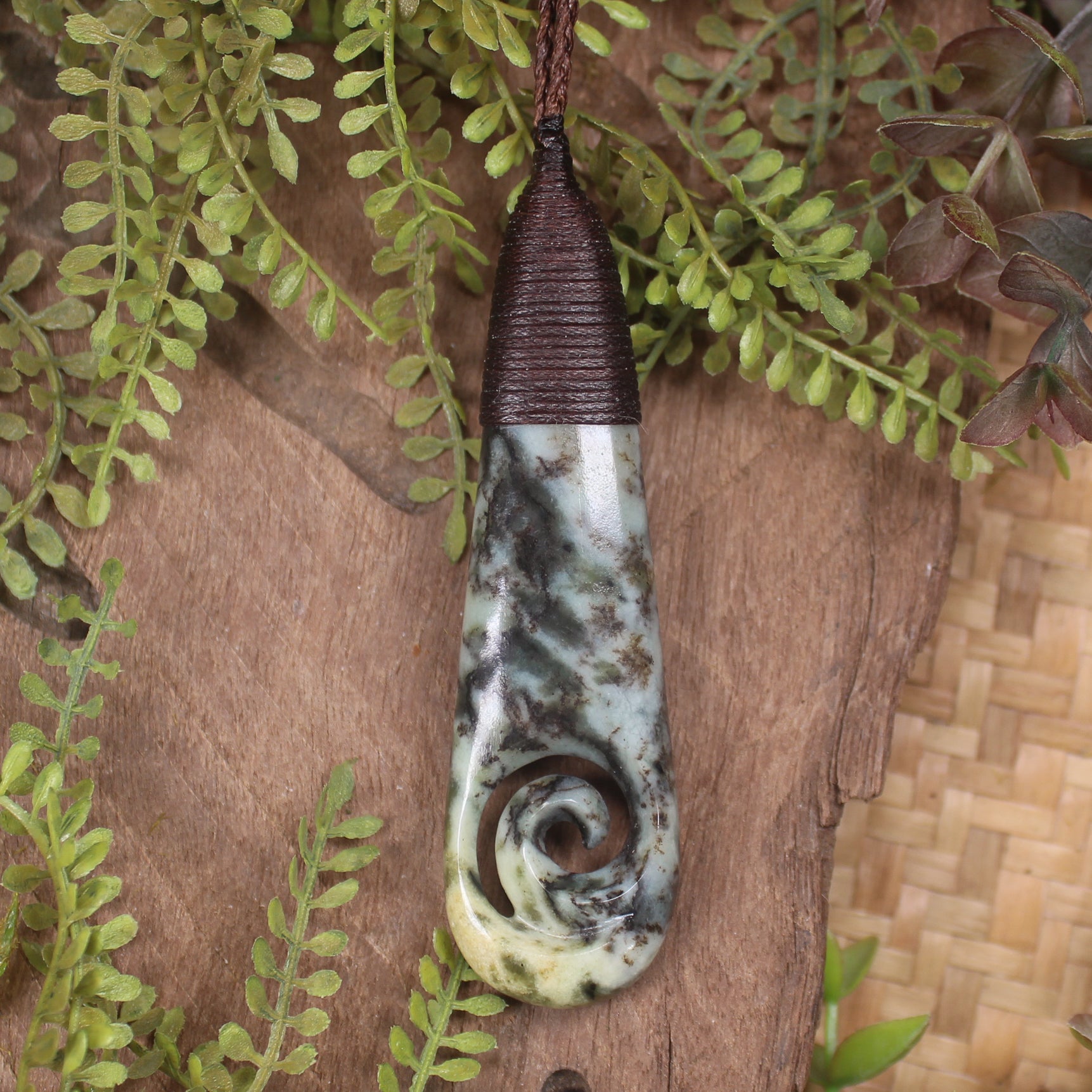 Roimata or Teardop with Koru carved from Rimu Pounamu - NZ Greenstone