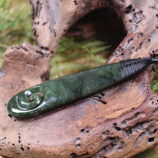 Roimata or Teardrop with Koru carved from Kawakawa Pounamu - NZ Greenstone