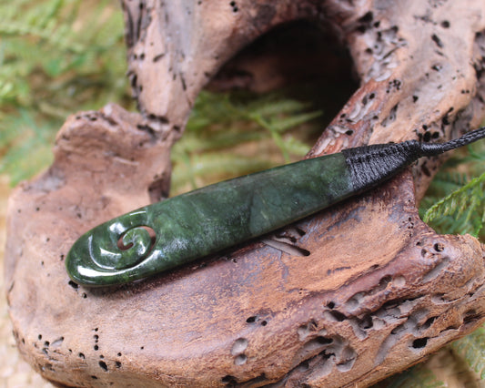 Roimata or Teardrop with Koru carved from Kawakawa Pounamu - NZ Greenstone