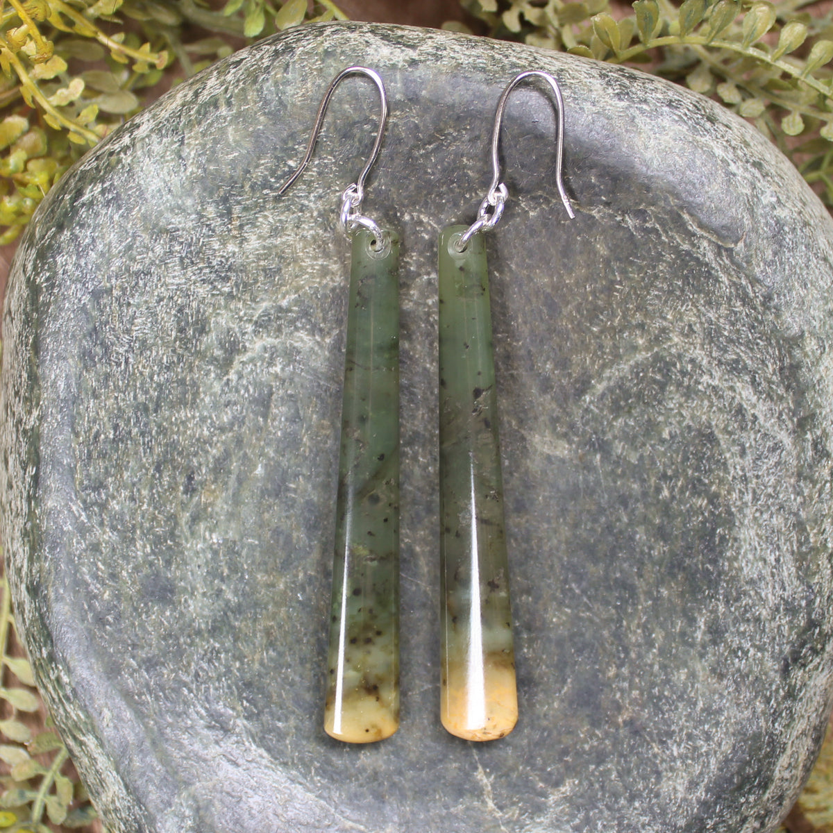 Roimata or Teardrop earrings carved from Flower Jade Pounamu - NZ Greenstone