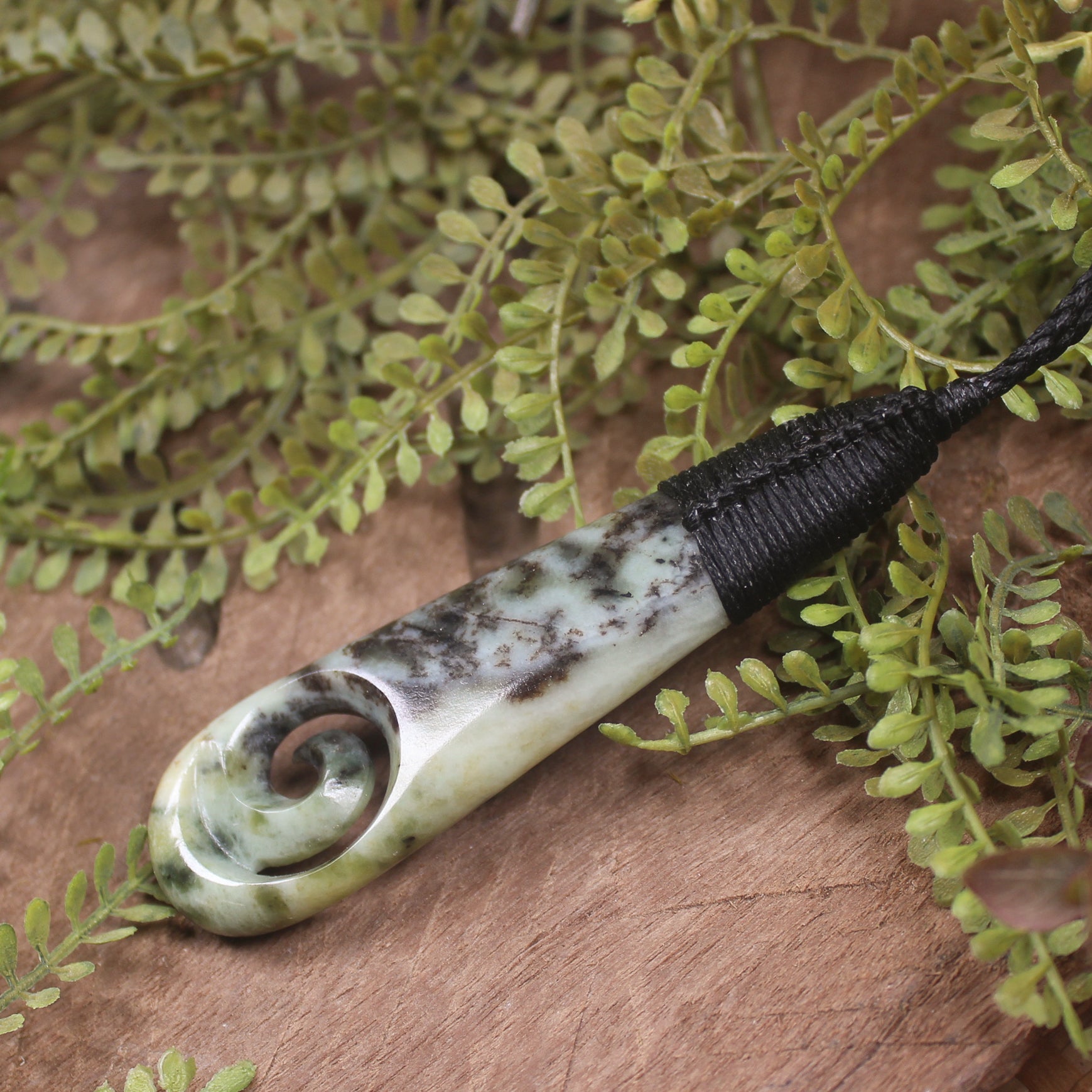 Roimata or Teardop with Koru carved from Rimu Pounamu - NZ Greenstone