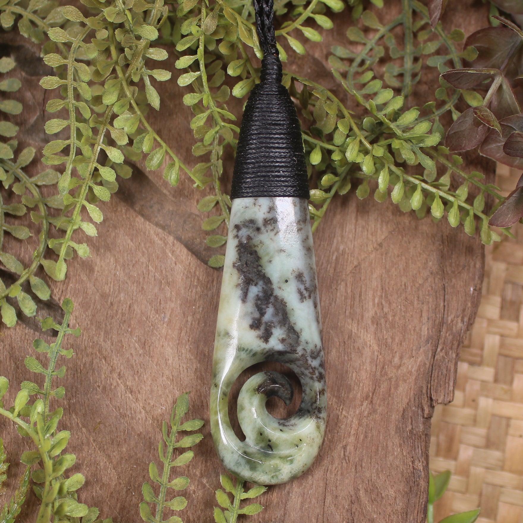 Roimata or Teardop with Koru carved from Rimu Pounamu - NZ Greenstone