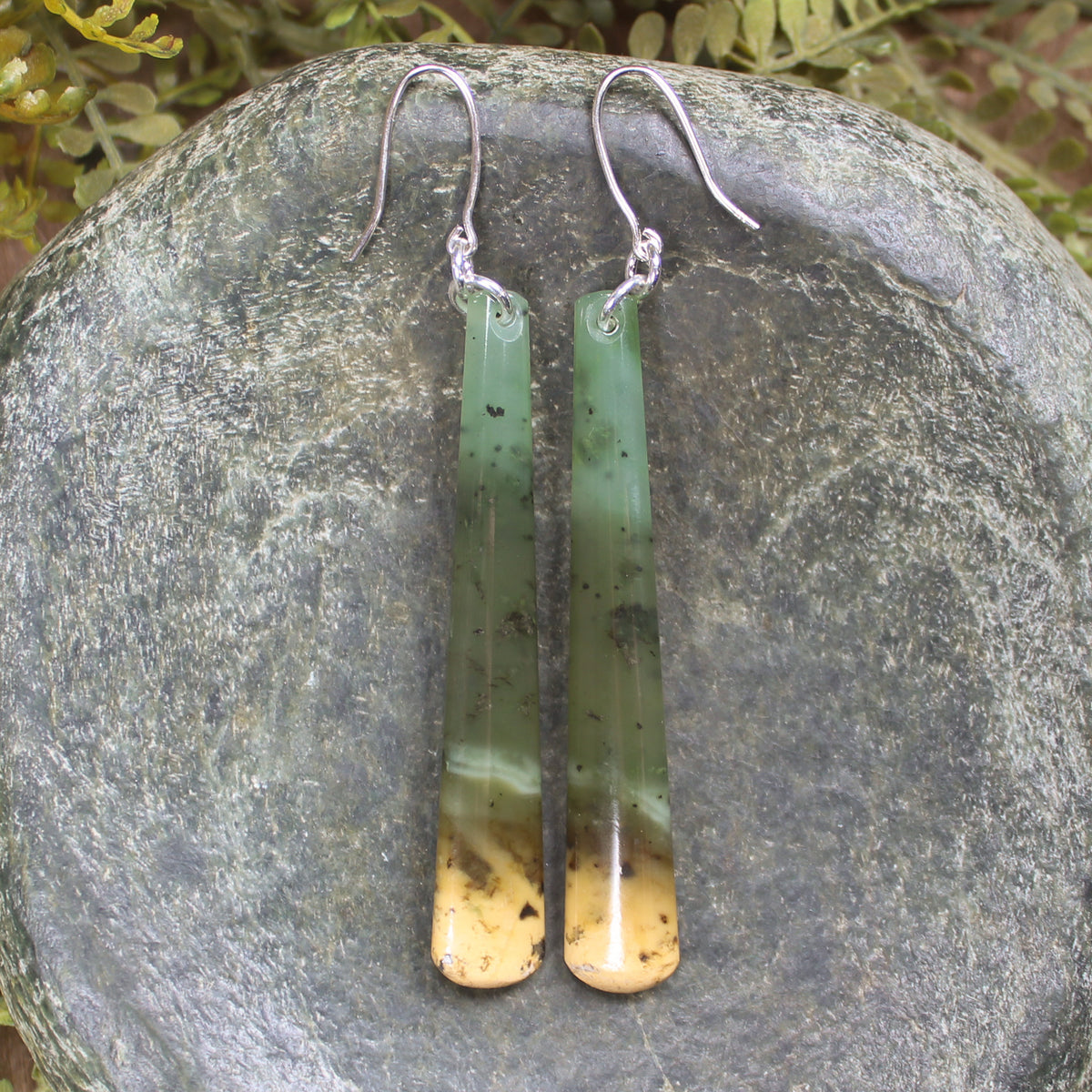 Roimata or Teardrop earrings carved from Flower Jade Pounamu - NZ Greenstone