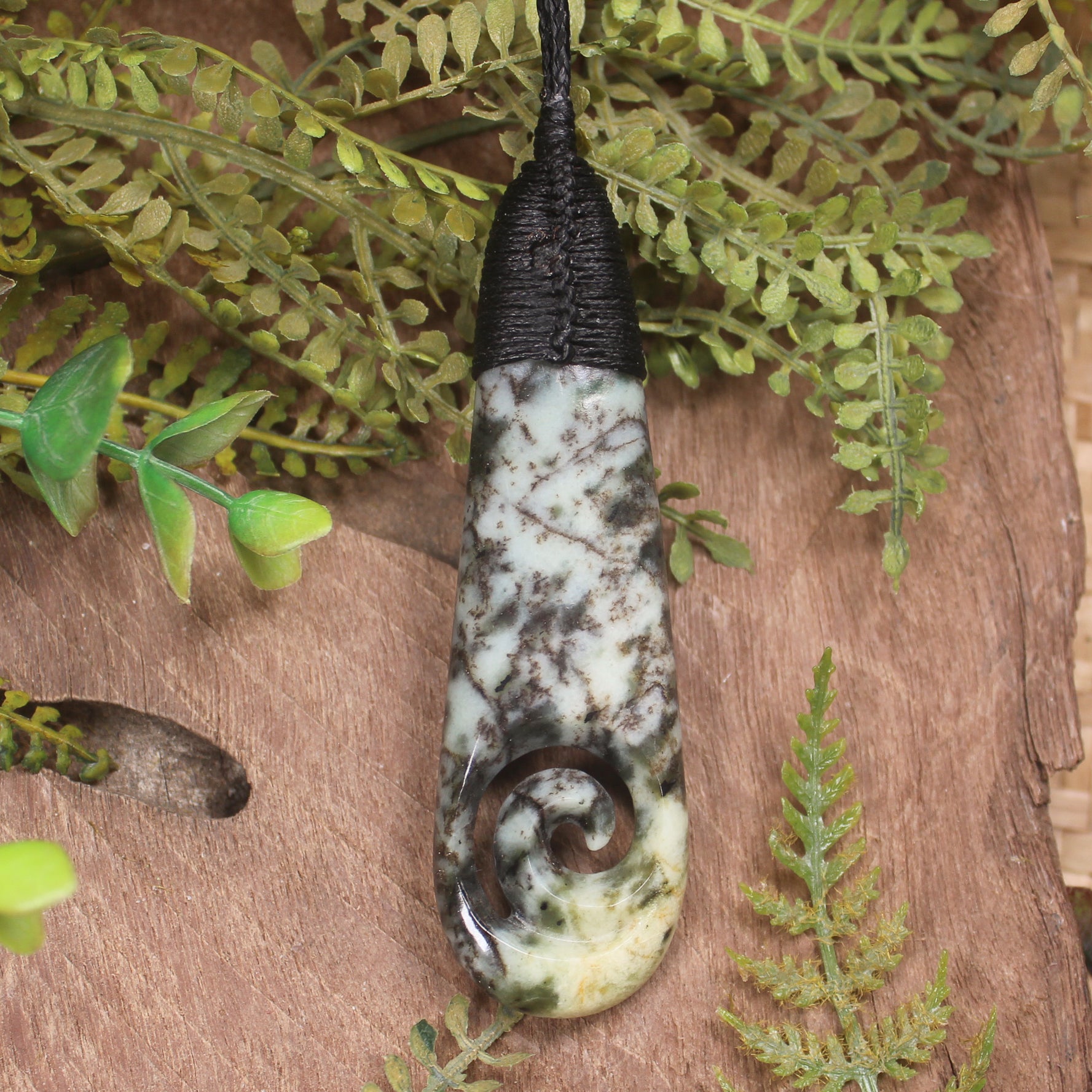 Roimata or Teardop with Koru carved from Rimu Pounamu - NZ Greenstone