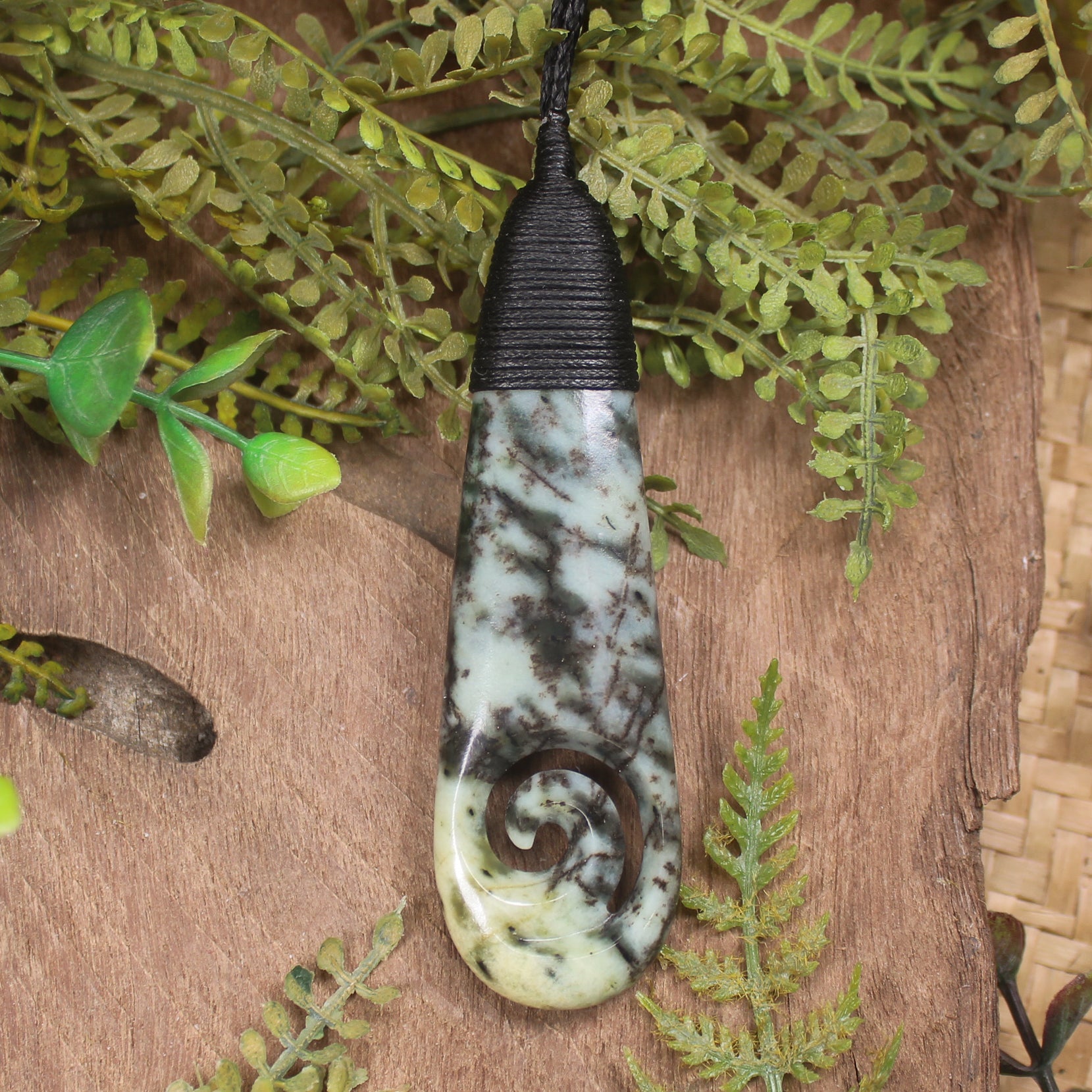 Roimata or Teardop with Koru carved from Rimu Pounamu - NZ Greenstone