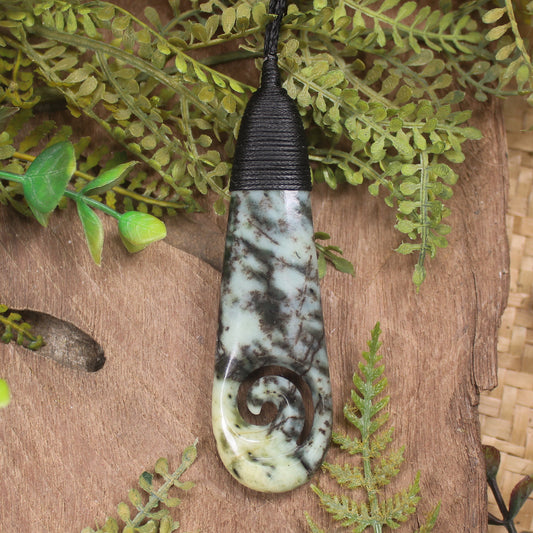 Roimata or Teardop with Koru carved from Rimu Pounamu - NZ Greenstone