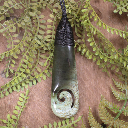 Roimata or Teardop with Koru carved from Rimu Pounamu - NZ Greenstone