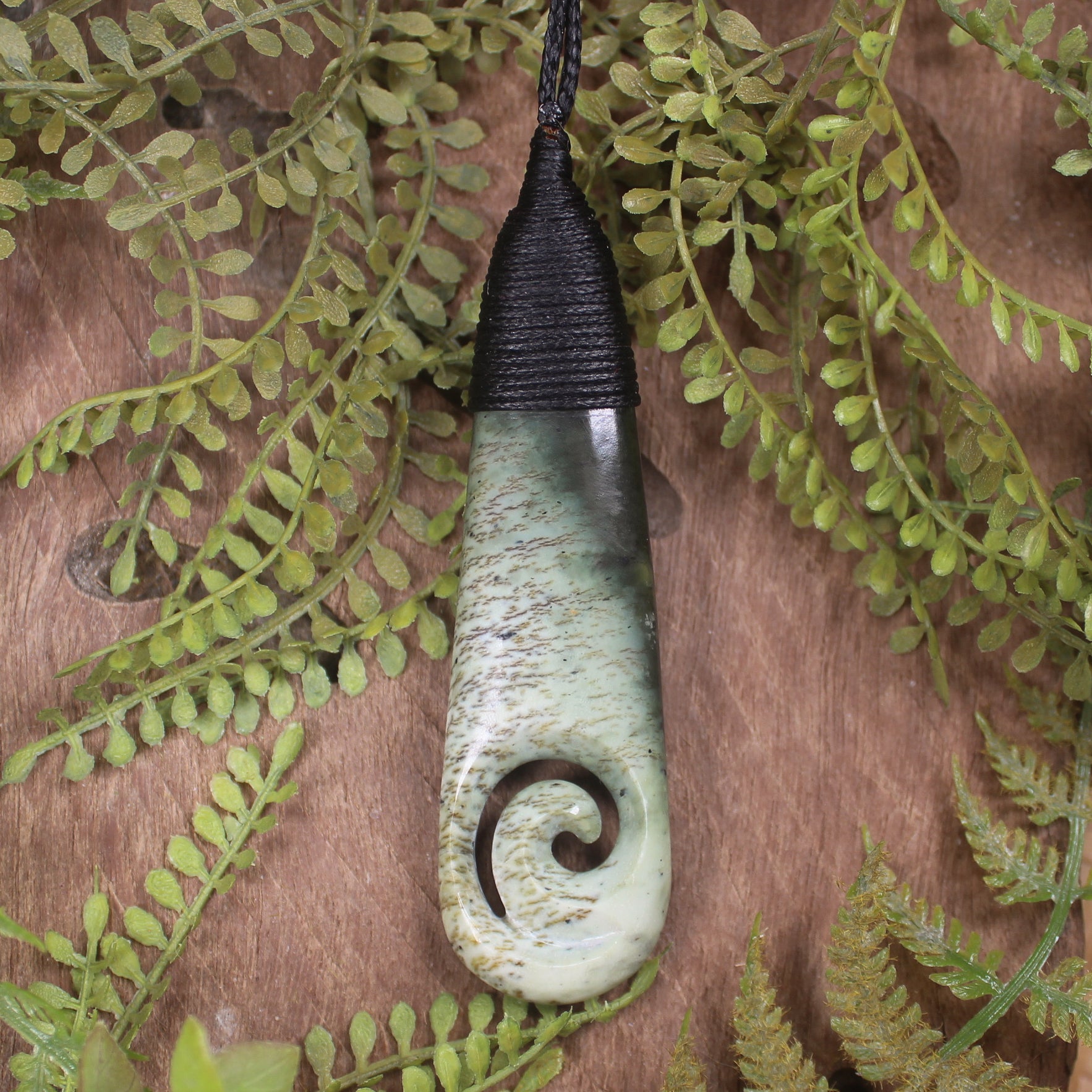 Roimata or Teardop with Koru carved from Rimu Pounamu - NZ Greenstone