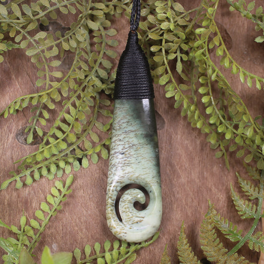 Roimata or Teardop with Koru carved from Rimu Pounamu - NZ Greenstone