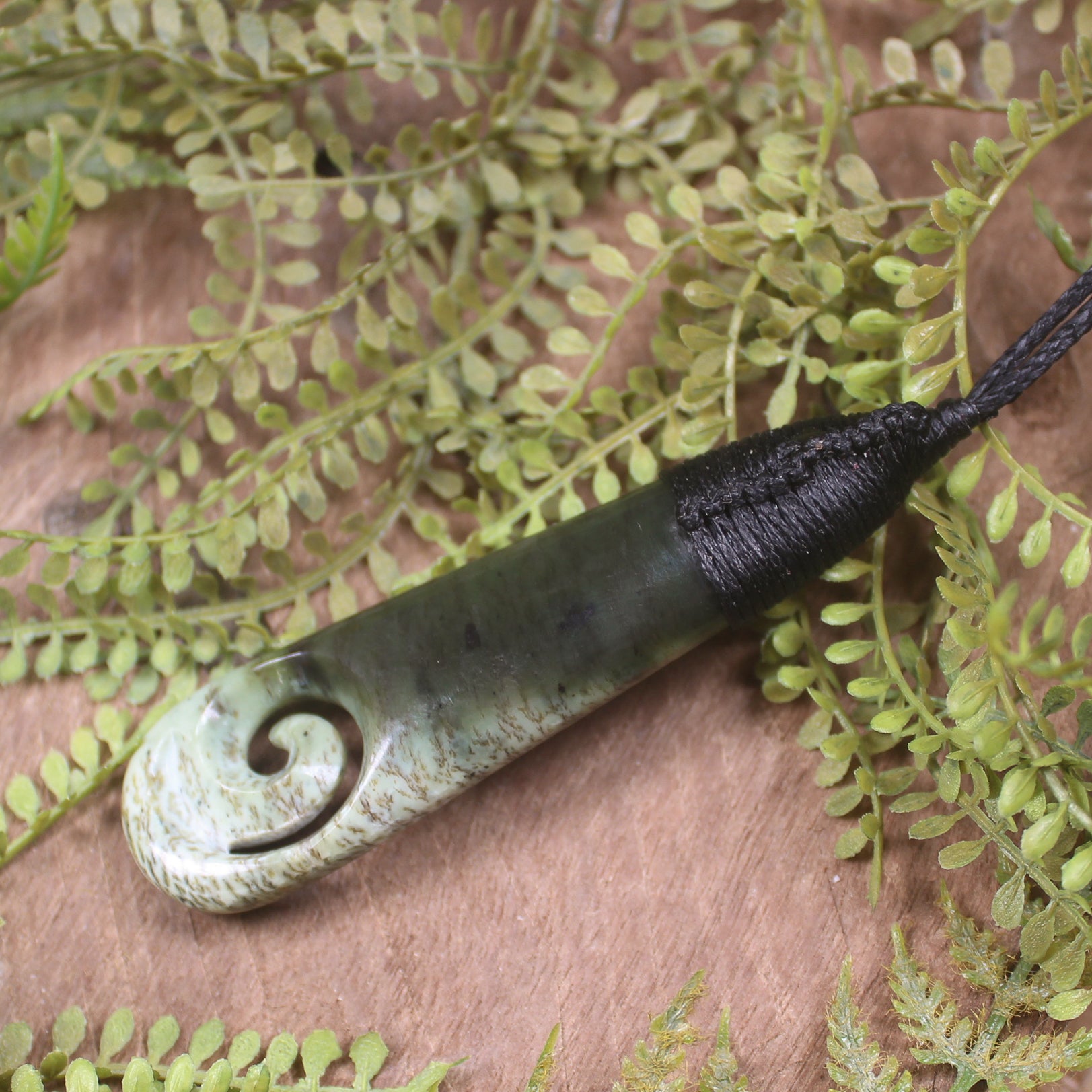 Roimata or Teardop with Koru carved from Rimu Pounamu - NZ Greenstone