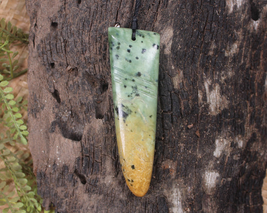 NZ Greenstone Large Niho Taniwha Tooth Pendant (BK958) Flower Jade Pounamu