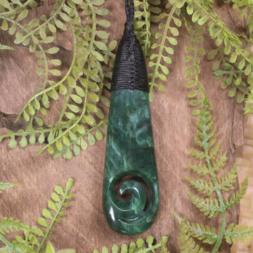 Roimata or Teardrop with Koru carved from Kawakawa Pounamu - NZ Greenstone