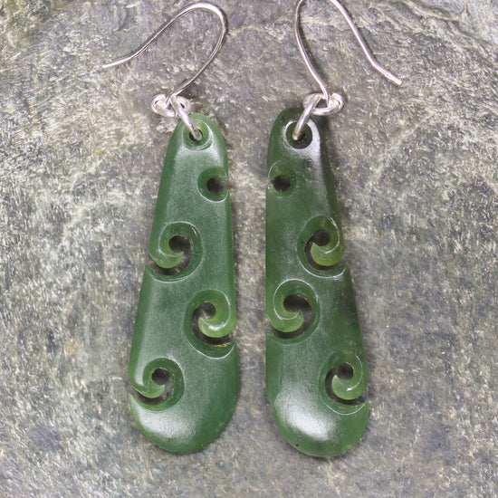 Roimata with Koru earrings carved from Hapopo Pounamu - NZ Greenstone