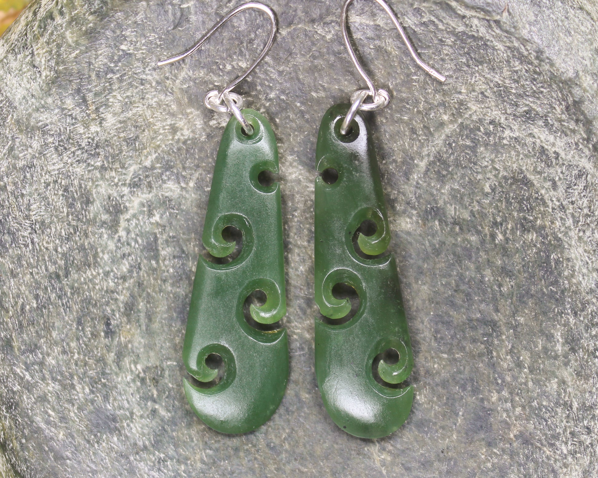 Roimata with Koru earrings carved from Hapopo Pounamu - NZ Greenstone