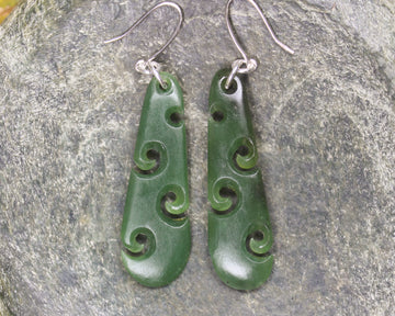 Roimata with Koru earrings carved from Hapopo Pounamu - NZ Greenstone