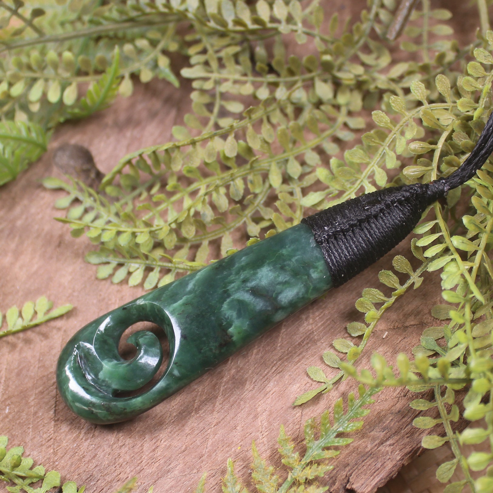 Roimata or Teardrop with Koru carved from Kawakawa Pounamu - NZ Greenstone