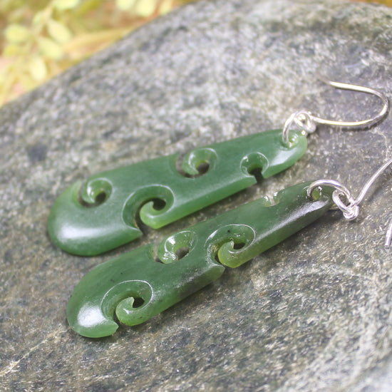 Roimata with Koru earrings carved from Hapopo Pounamu - NZ Greenstone