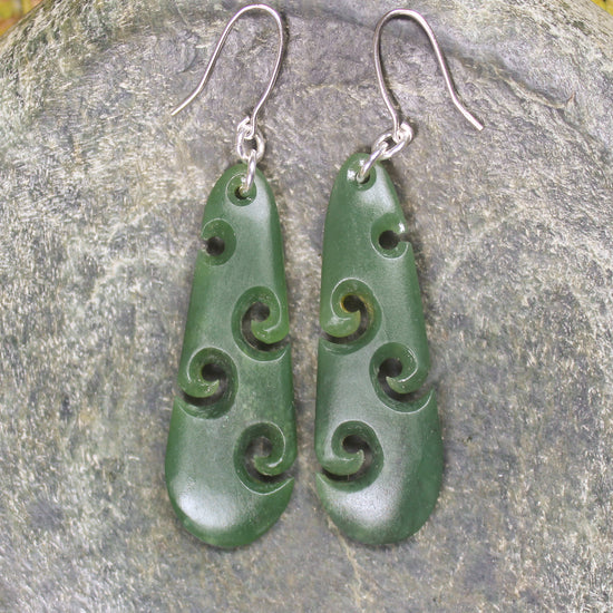 Roimata with Koru earrings carved from Hapopo Pounamu - NZ Greenstone