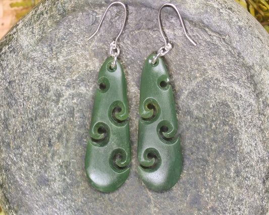 Roimata with Koru earrings carved from Hapopo Pounamu - NZ Greenstone