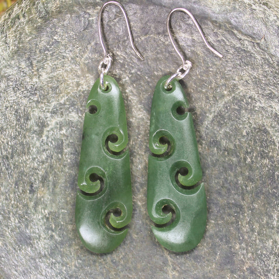 Roimata with Koru earrings carved from Hapopo Pounamu - NZ Greenstone