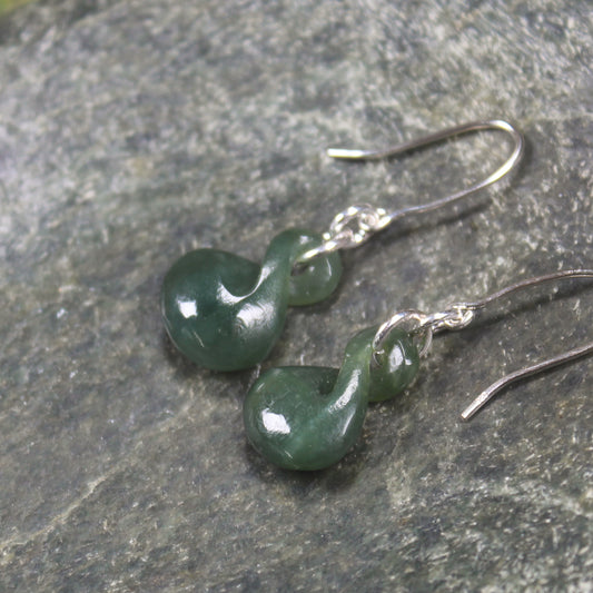 Twist Earrings carved from Kawakawa Pounamu - NZ Greenstone