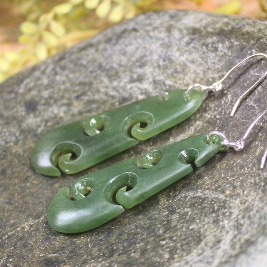 Roimata with Koru earrings carved from Hapopo Pounamu - NZ Greenstone