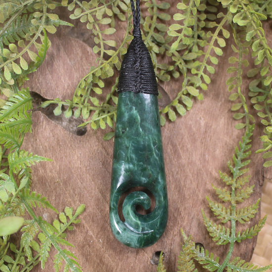 Roimata or Teardrop with Koru carved from Kawakawa Pounamu - NZ Greenstone