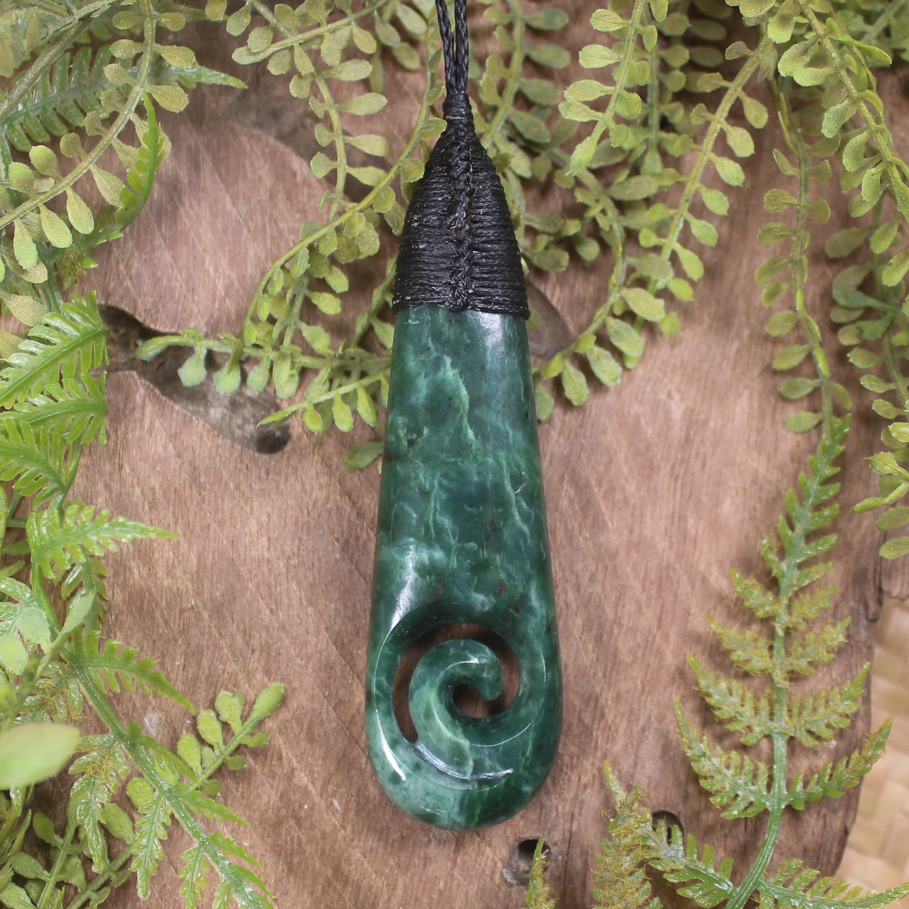 Roimata or Teardrop with Koru carved from Kawakawa Pounamu - NZ Greenstone
