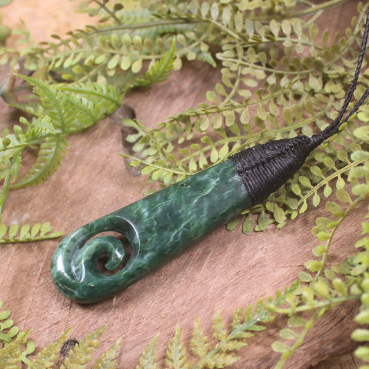 Roimata or Teardrop with Koru carved from Kawakawa Pounamu - NZ Greenstone