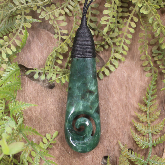 Roimata or Teardrop with Koru carved from Kawakawa Pounamu - NZ Greenstone