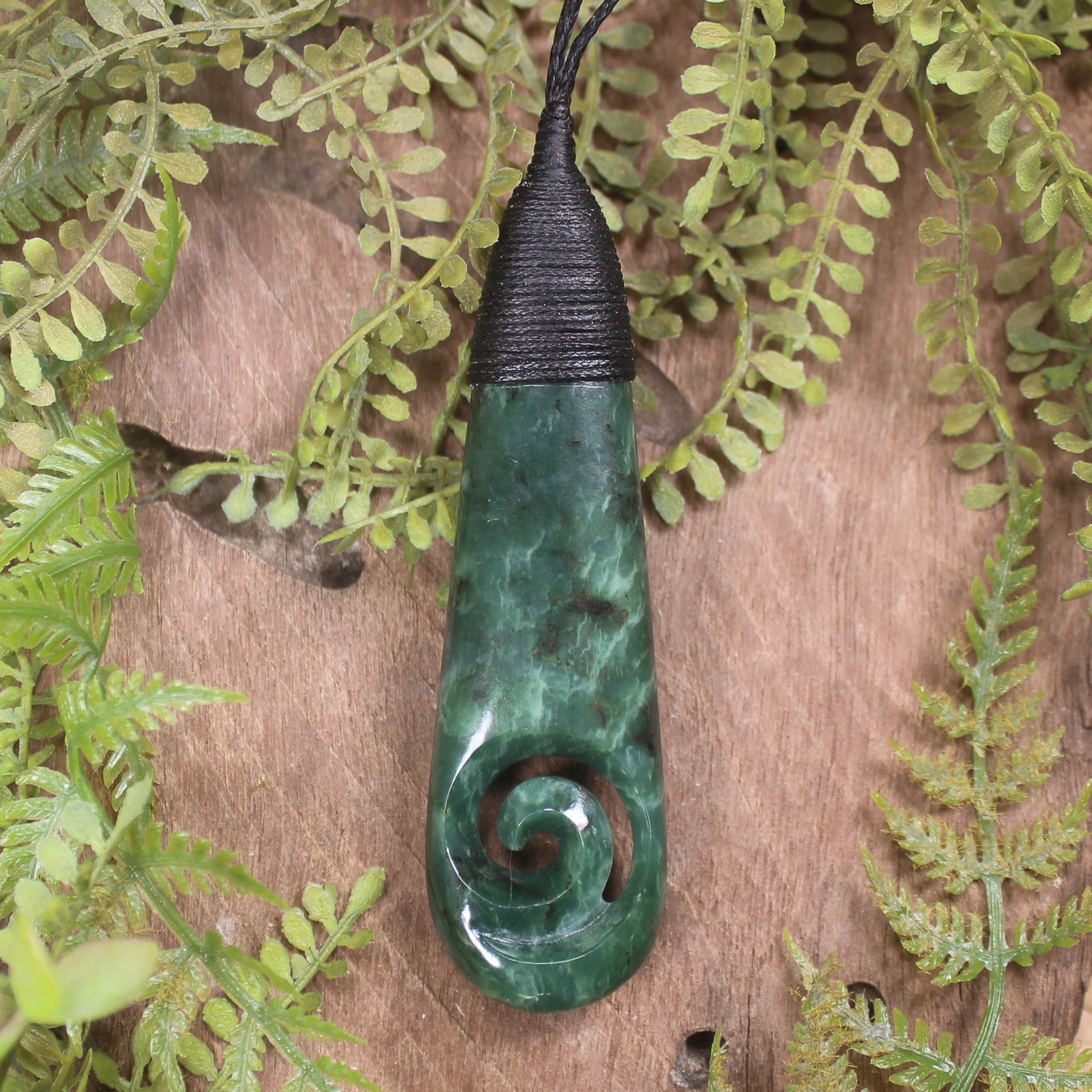 Roimata or Teardrop with Koru carved from Kawakawa Pounamu - NZ Greenstone
