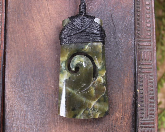 NZ Greenstone Small Toki with Koru Pendant (BK962) Rimu Pounamu