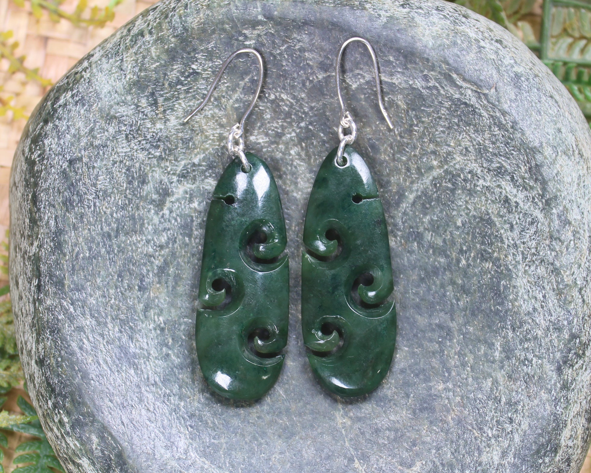 Roimata with Koru earrings carved from Kawakawa Pounamu - NZ Greenstone