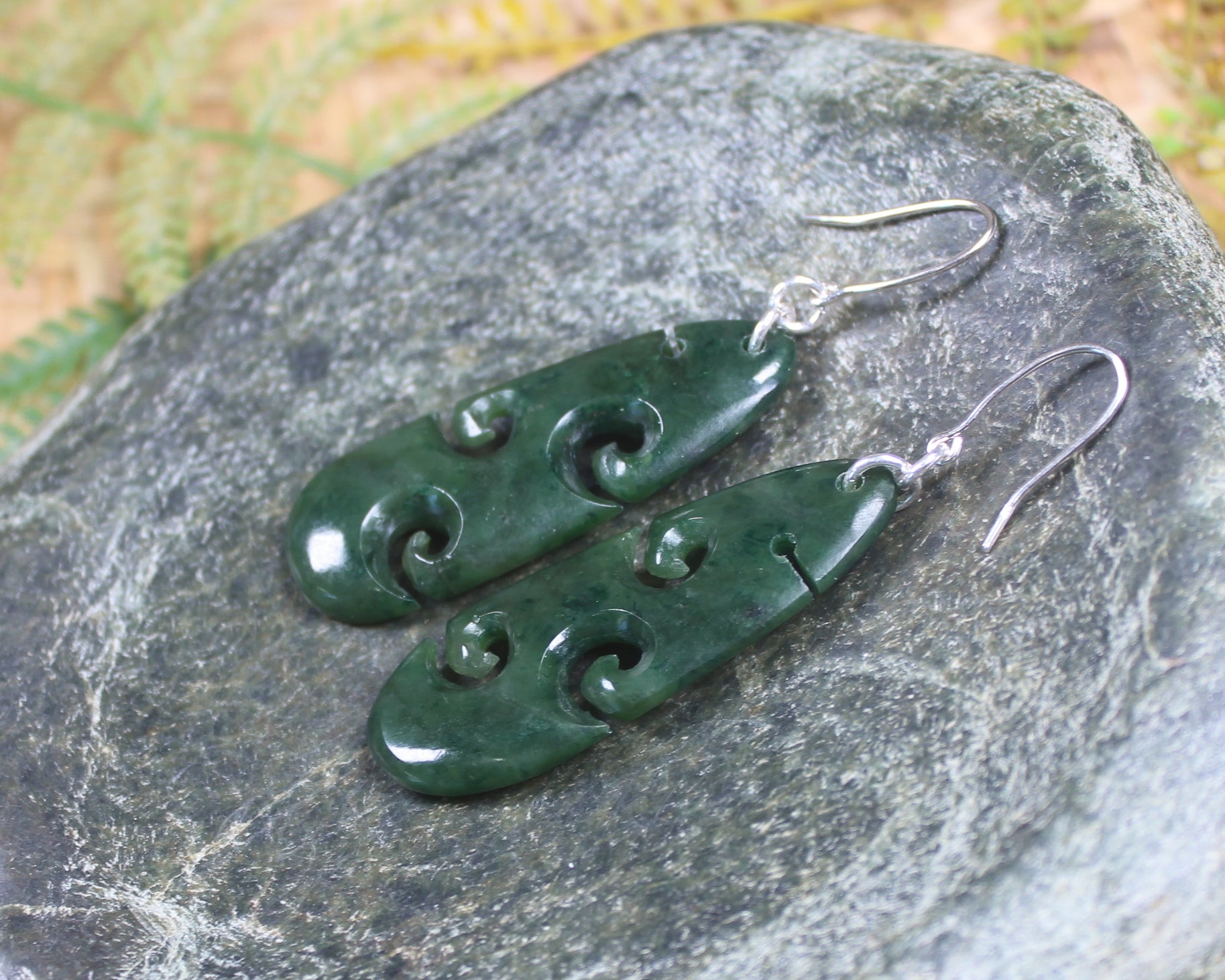 Roimata with Koru earrings carved from Kawakawa Pounamu - NZ Greenstone