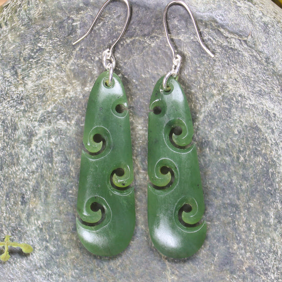 Roimata with Koru earrings carved from Hapopo Pounamu - NZ Greenstone