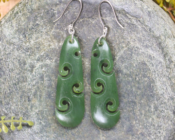 Roimata with Koru earrings carved from Hapopo Pounamu - NZ Greenstone