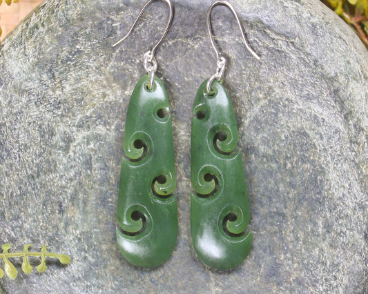 Roimata with Koru earrings carved from Hapopo Pounamu - NZ Greenstone