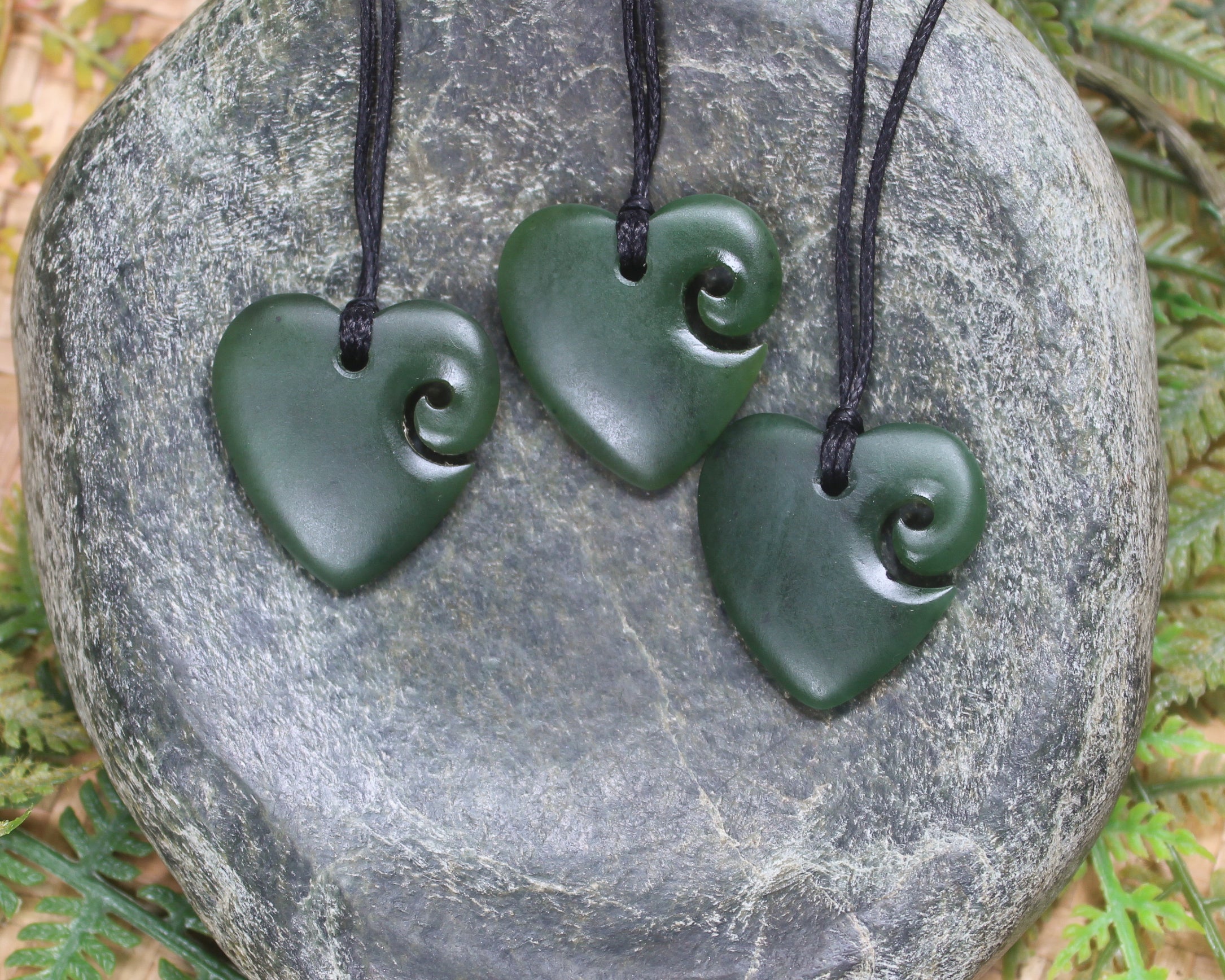 Heart with Koru carved from Hapopo Pounamu - NZ Greenstone