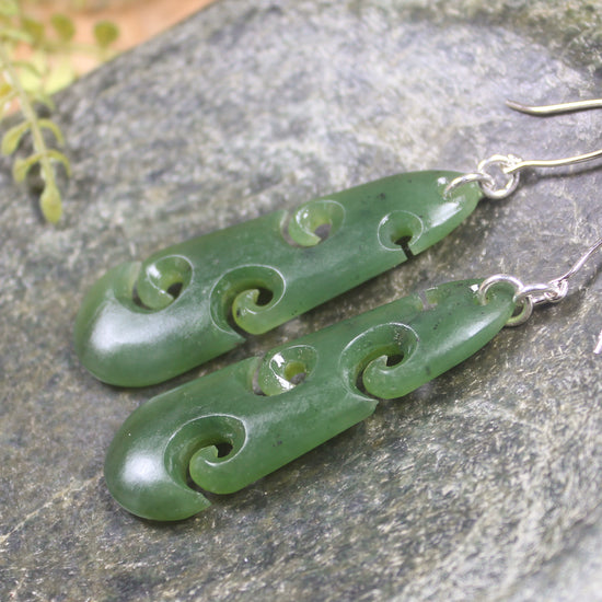 Roimata with Koru earrings carved from Hapopo Pounamu - NZ Greenstone
