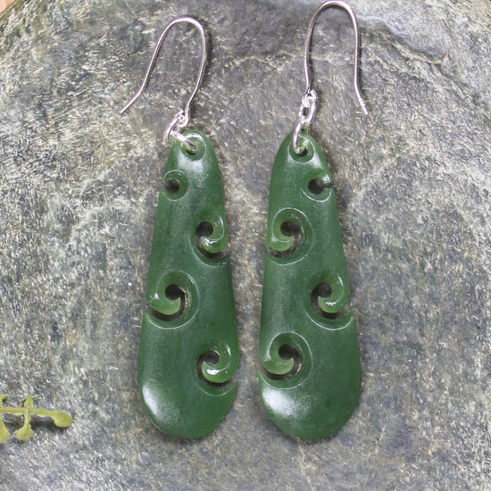 Roimata with Koru earrings carved from Hapopo Pounamu - NZ Greenstone