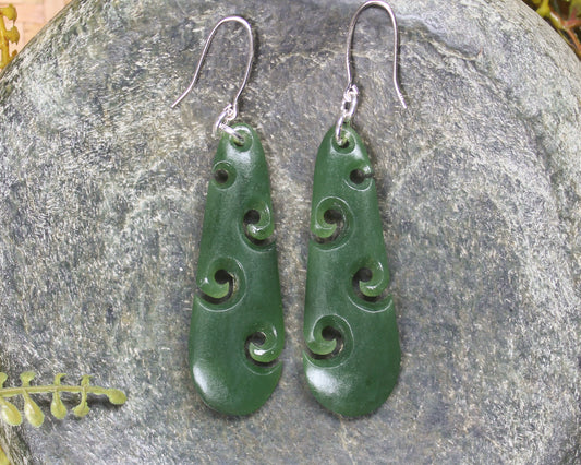 Roimata with Koru earrings carved from Hapopo Pounamu - NZ Greenstone