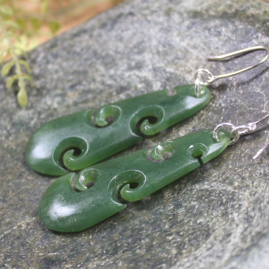 Roimata with Koru earrings carved from Hapopo Pounamu - NZ Greenstone