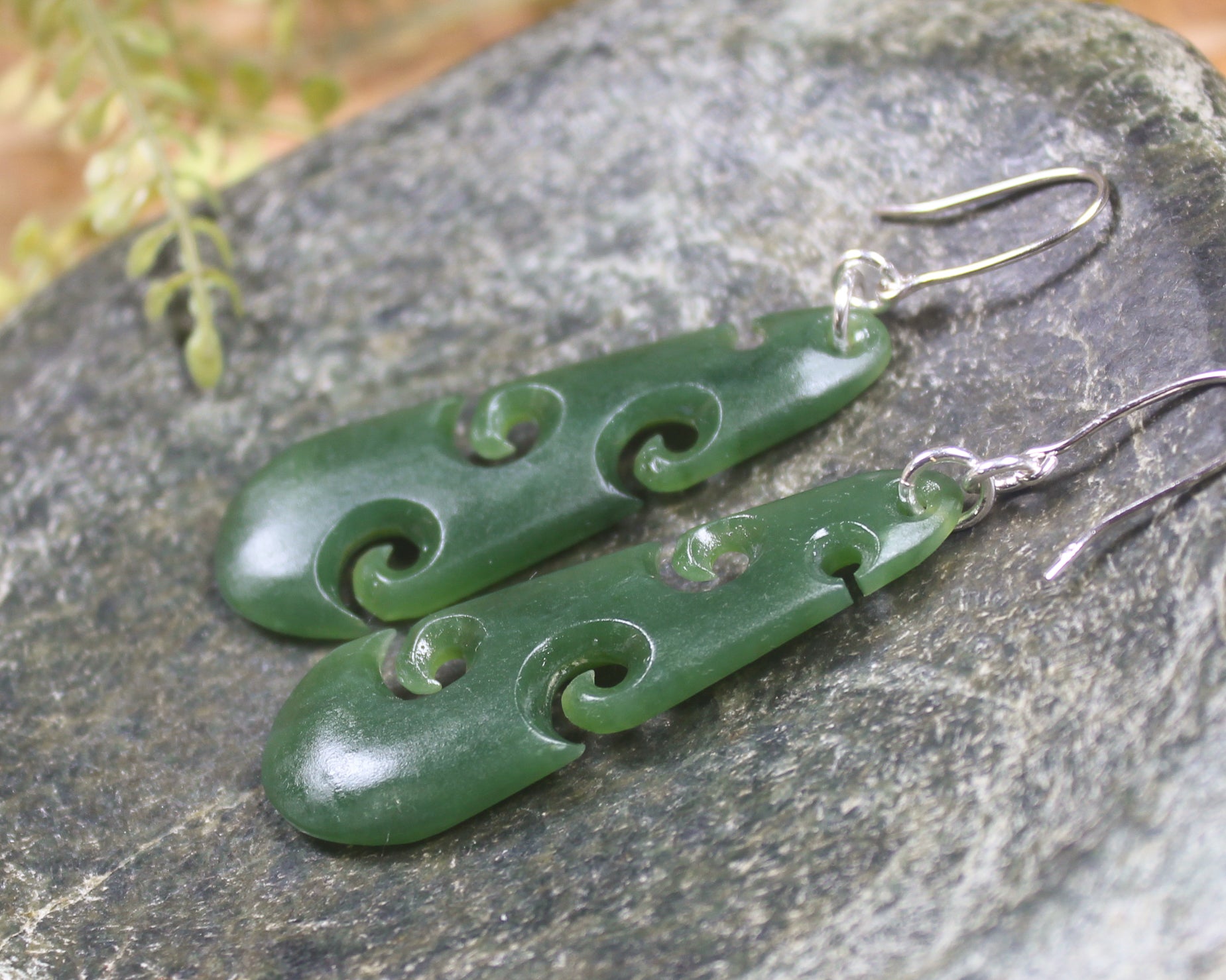 Roimata with Koru earrings carved from Hapopo Pounamu - NZ Greenstone